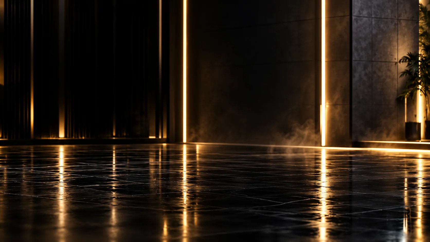 Gold-lit automotive studio with warm reflections across a dark floor